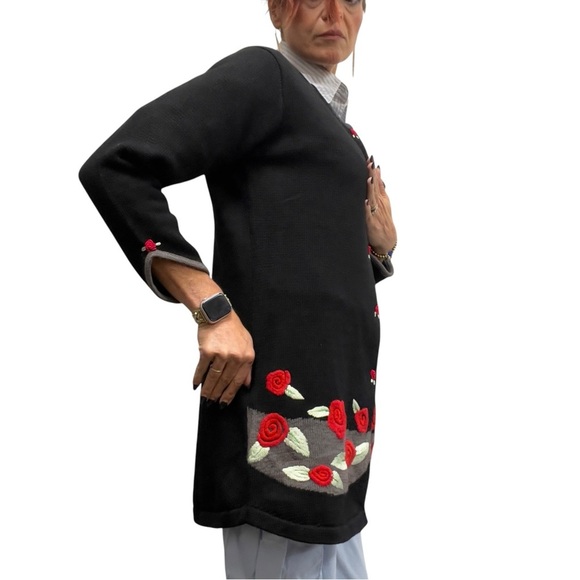 Storybook Knits Vintage Long Embroidered Rose Floral Teacher Cardigan Sweater - Picture 7 of 17